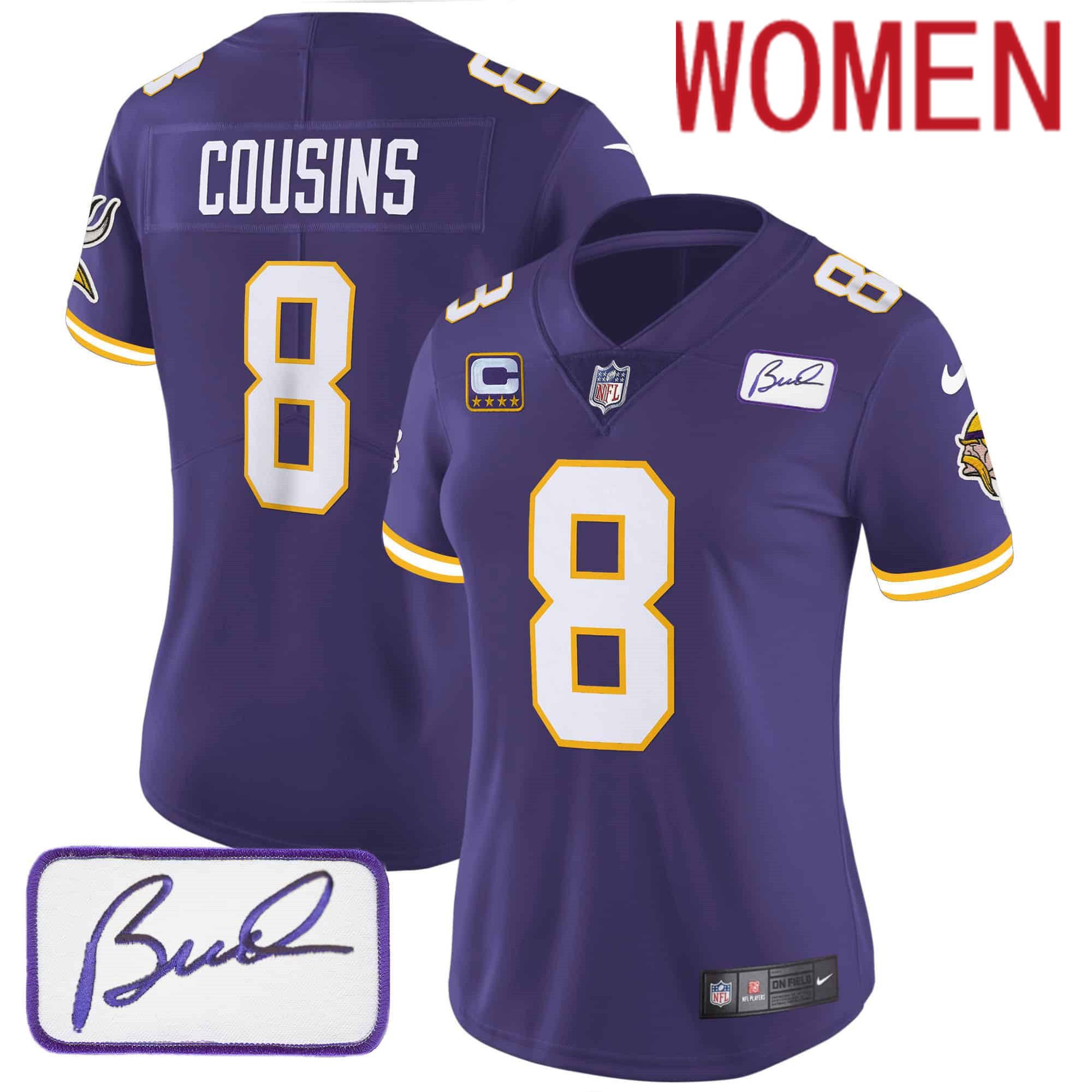 Women Minnesota Vikings 8 Cousins Purple 2024 Nike Bud Grant Patch Classic Limited NFL Jersey style 3